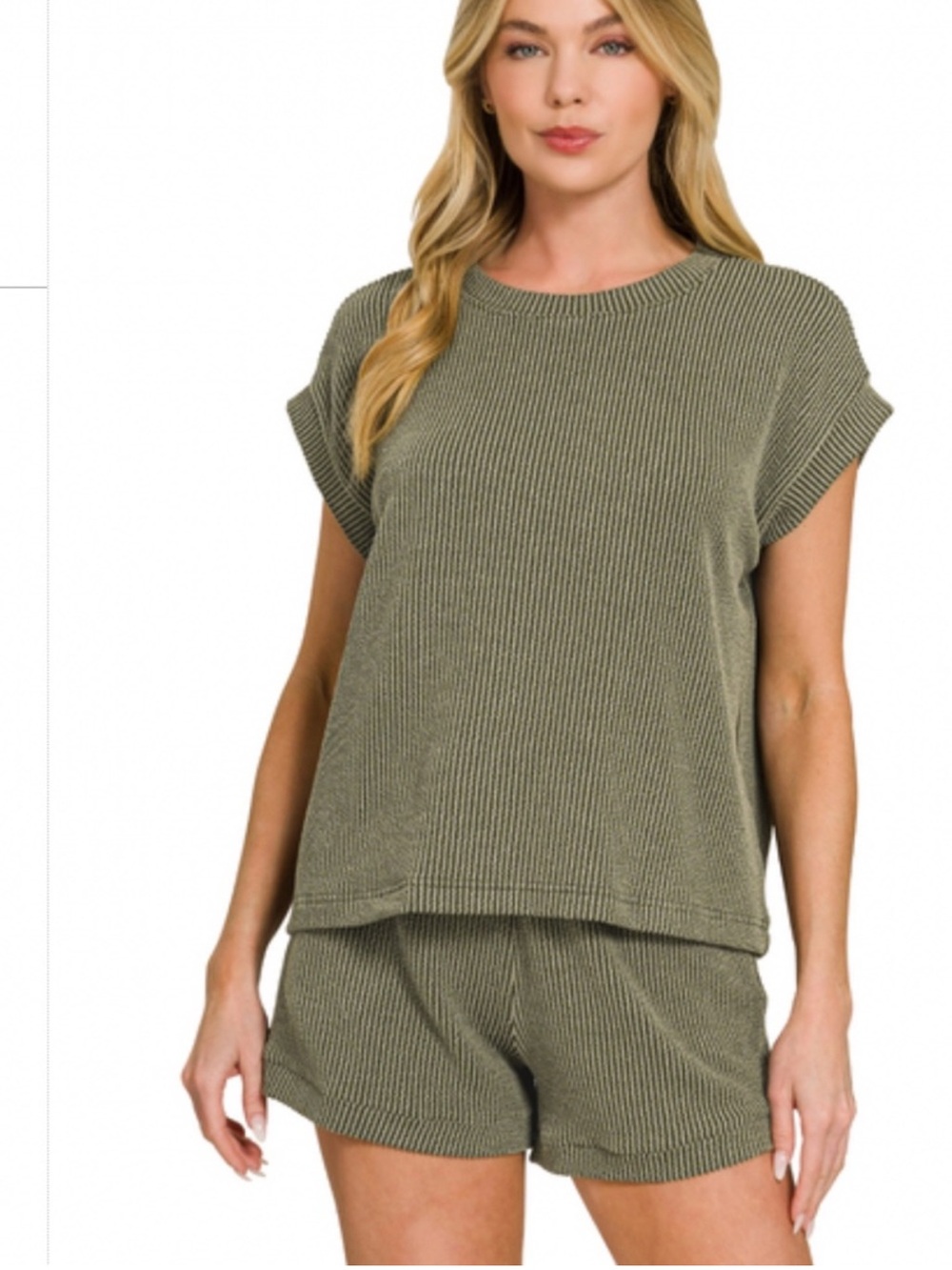 Zenana Ribbed Cap Sleeve Short & Shorts Set in Army Green